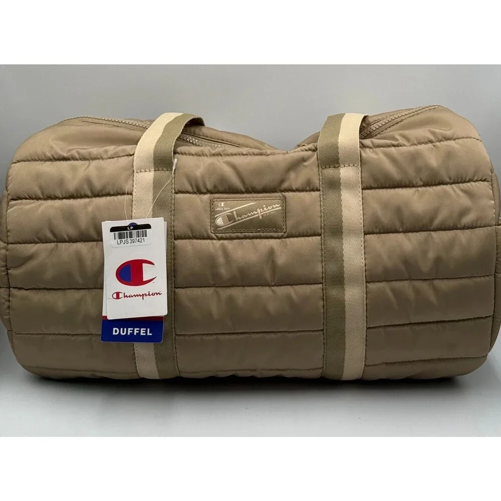 NWT Champion Billie Quilted Duffel Bag Beige Puffer Weekender Gym Travel Tote